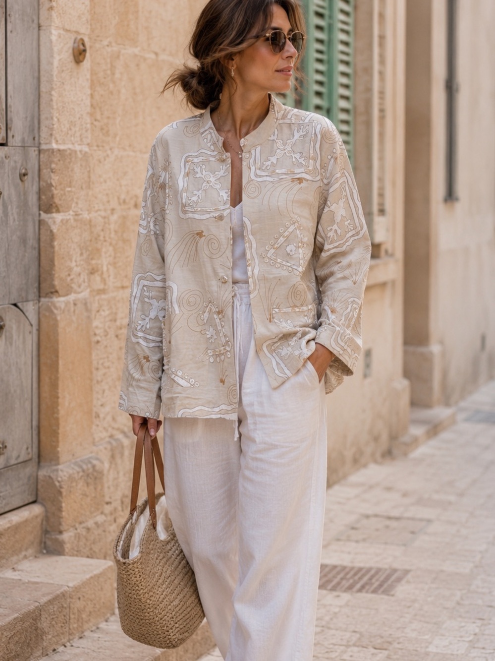 Coldwater Creek Beige & White Embroidered Lightweight Jacket